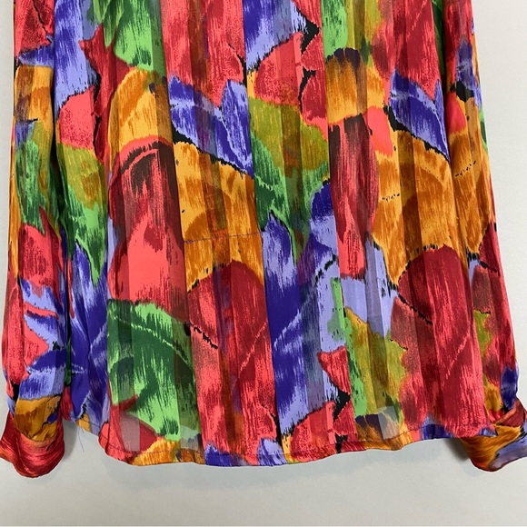 Vintage Floral Blouse Sheer Stripe Vibrant Colors Rolled Collar Eclectic Pleats - Picture 12 of 16